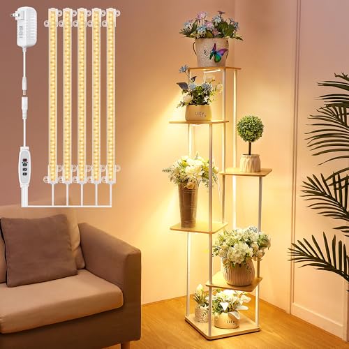 Dreyoo Plant Stand with Grow Light Indoor, 6 Tier 6 Potted Sturdy Metal Plant Shelf, Multiple Plant Holder Tall Plant Ladder for Display Plant Flower Corner Living Room Office (White, Wood Color)