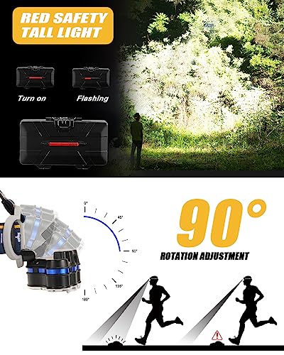 Foto von Stirnlampe, Superheller Kopflampe 18000 Lumen 8 LED 8 Modi mit Rotem Warnlicht, USB Stirnlampe Wiederaufladbare Wasserdicht, Perfekt für Arbeit, Outdoor, Camping, Wandern, Angeln