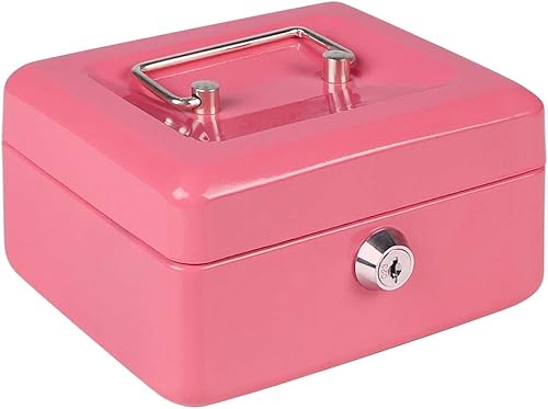 Miniatura 14 de Caja de seguridad Parrency con cerradura de llave, caja de seguridad con almacenamiento seguro y cable de seguridad, caja de dinero de metal Rosa
