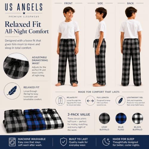 US Angels Boys Pajama Pants - 3 Pack, Boys' Sleepwear, Breathable and Soft PJ Pants, Pajama Bottoms for Teens, Youths, and Kids - Size 7 8 10-12 14-16 — view 3