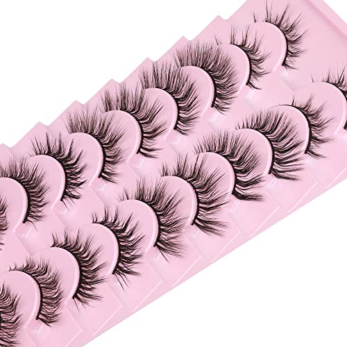 wiwoseo False Eyelashes L Curl Lashes Extensions Natural Wispy Fluffy Eyelashes Natural Volume Lashes that Look Like Extensions Faux Mink Lashes Cat Eyes Classic Eyelashes Mixed Length 10 Pairs Pack