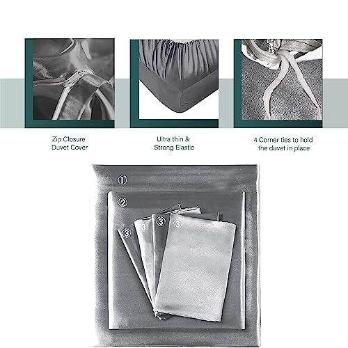 Al Ahmedani Linen 6 Piece Satin Sheets Queen And King Size With 4 Pillow Cases, 1 Satin Fitted Sheet, 1 Satin Duvet Cover - Gray #TOP5