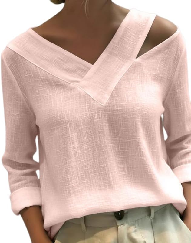 Women's Off-The-Shoulder V-Neck T-Shirt Stylish Long Sleeve Regular Fit Spring Fall Casual Daily Top