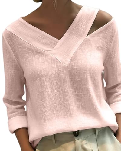 AUMORA Women's Off-The-Shoulder V-Neck T-Shirt Stylish Long Sleeve Regular Fit