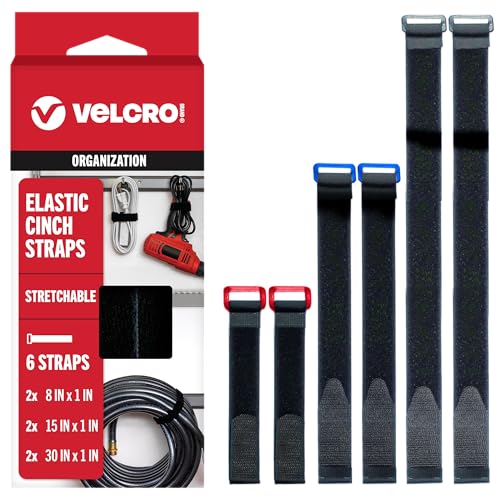 VELCRO Brand VEL-30794-AMS Elastic Cinch Straps with Buckle | 6pc Variety Pack 8-15-30| Stretchable to Snugly Fasten Power Cords Lumber Bicycles Sleeping Bags Outdoor Umbrellas More | Black