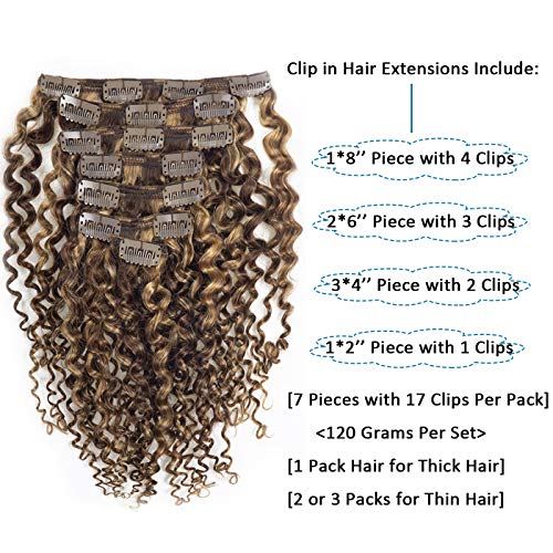 Caliee 18Inch Human Hair Jerry Curly Clip In Hair Extensions Highlight Piano Dark Brown Mixed With Strawberry Blonde For Women 3B 3C Curly Clip Ins Real Remy Human Hair Extensions #P4/27 120G 7Pcs #TOP1