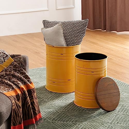 Glitzhome Rustic Storage Ottoman Seat Stool, Farmhouse Nesting End Table, Galvanized Barrel Metal Accent Side Table Toy Box Bin With Round Wood Lid For Living Room Furniture, Set Of 2, Yellow #TOP7