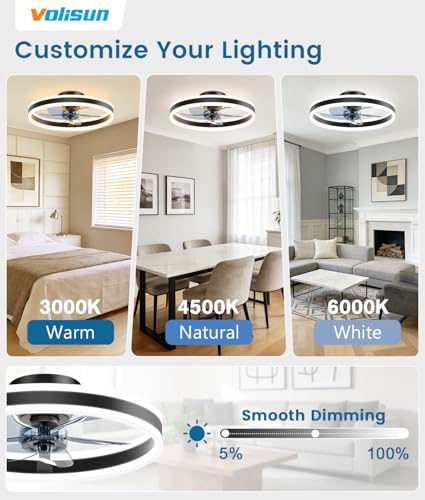 Image of VOLISUN Low Profile Ceiling Fans with Lights and Remote, 20in Flush Mount Ceiling Fans with Light, 3000K-6500K Dimmable Fandelier LED Fan Light, Black Bladeless Ceiling Fans with Lights for Bedroom