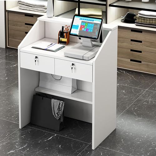 Moderno mostrador de recepción con estante abierto con cajón con cerradura y diseño elegante, ideal para tiendas minoristas, salones y oficinas, color blanco (60 x 38 x 92 cm)