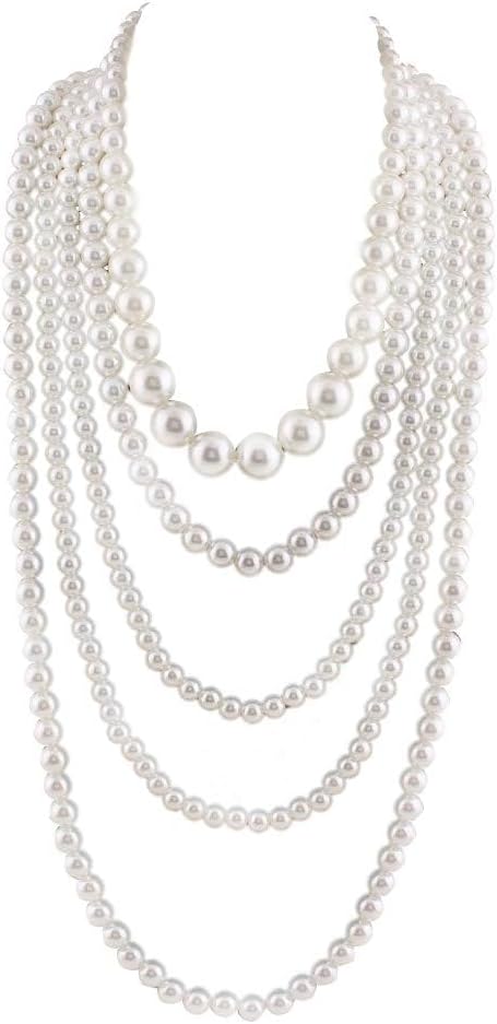 Multilayer Strand Chain Faux Pearls Flapper Beads Cluster Long Choker Necklace