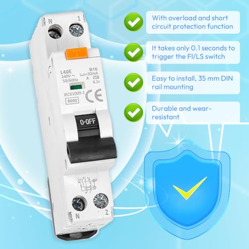 Fi Schutzschalter, Fi ls schalter 16a, RCBO B16A 30mA, Fehlerstromschutzschalter, 230V, 1P+N, Type A, RCD Protected Circuit Breaker, DIN Rail Mounting, Curve B