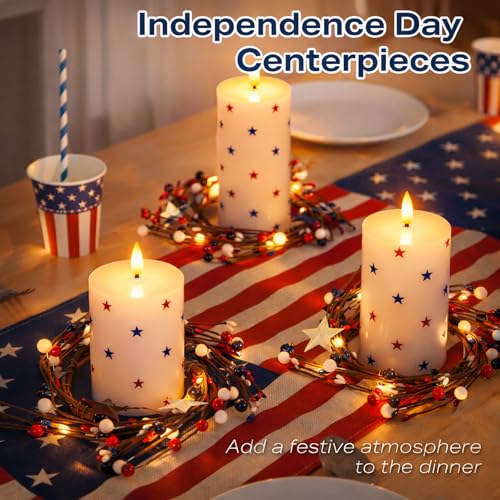 Image of JOIONE Patriotic Flameless Pillar Candles with Remote, 3 Pack Home Decor | Battery Operated, Star Sticker, Real Wax, Remote Control, Warm Flickering Glow, 4th of July Independence Day Party Decor