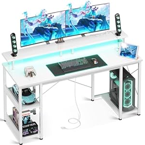 ODK 55 inch Gaming Desk with LED Lights & Power Outlets, Computer Desk with Monitor Stand & Storage Sheves, CPU Stand, Home Office Desk White