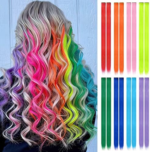 FESHFEN Coloured Hair Extension, 12 PCS Green Red Hairpiece for Girls Princess Party Highlight Colourful Straight Hair Extensions Clip in Costumes Hair Piece for Girls, 22 inch