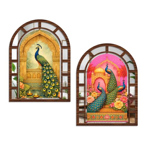 Image of Artvibes Traditional Arch Peacock Theme Decorative Wall Hanging | Jharokha Mirror for Living Room, Bedroom, Hall, Foyer, Dining Room, Office & Entrance | Gift (WHJ 12037N), Set of 2