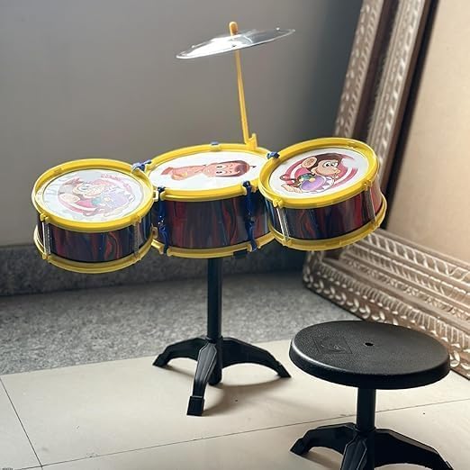 Image of Fully Kids Drum Set | Musical Drum Sets for Kids | Kid Musical Toys Jazz Drum with 3 Drums, 1 Stool and 1 Stand for Boys Girls Age 1 to 5 Years | Music Instrument Kid Birthday Gifts