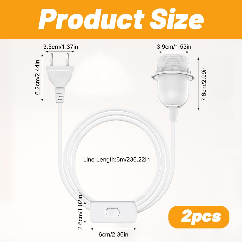 PLCatis E27 Lampenfassung Set – 2 Stück Mit 6m Kabel, Schalter & Stecker, Weiß, Für DIY-Lampen & Hängelampen