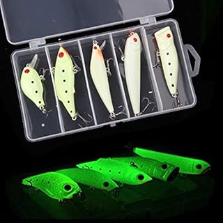 Night Glow Fishing Lure Bait Kit - 5/10pcs Noctilucent Luminous VIB Popper Crank Minnow Pencil Hard Bait Night Glow Artificial Lures Sea Fishing Hard Baits with Treble Hook for Bass Trout