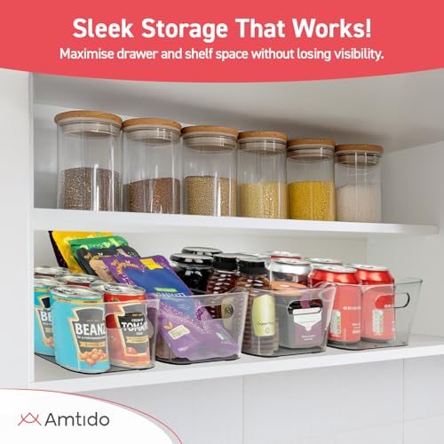 Amtido Clear Plastic Organiser Storage Medium, 4 Pack (24.5 x 10.5 x 17.2 cm) – Durable BPA-Free PET Fridge Organisers with Handles - Nestable Tray Storage for Kitchen, Fridge, Pantry, Bathroom - Image 6