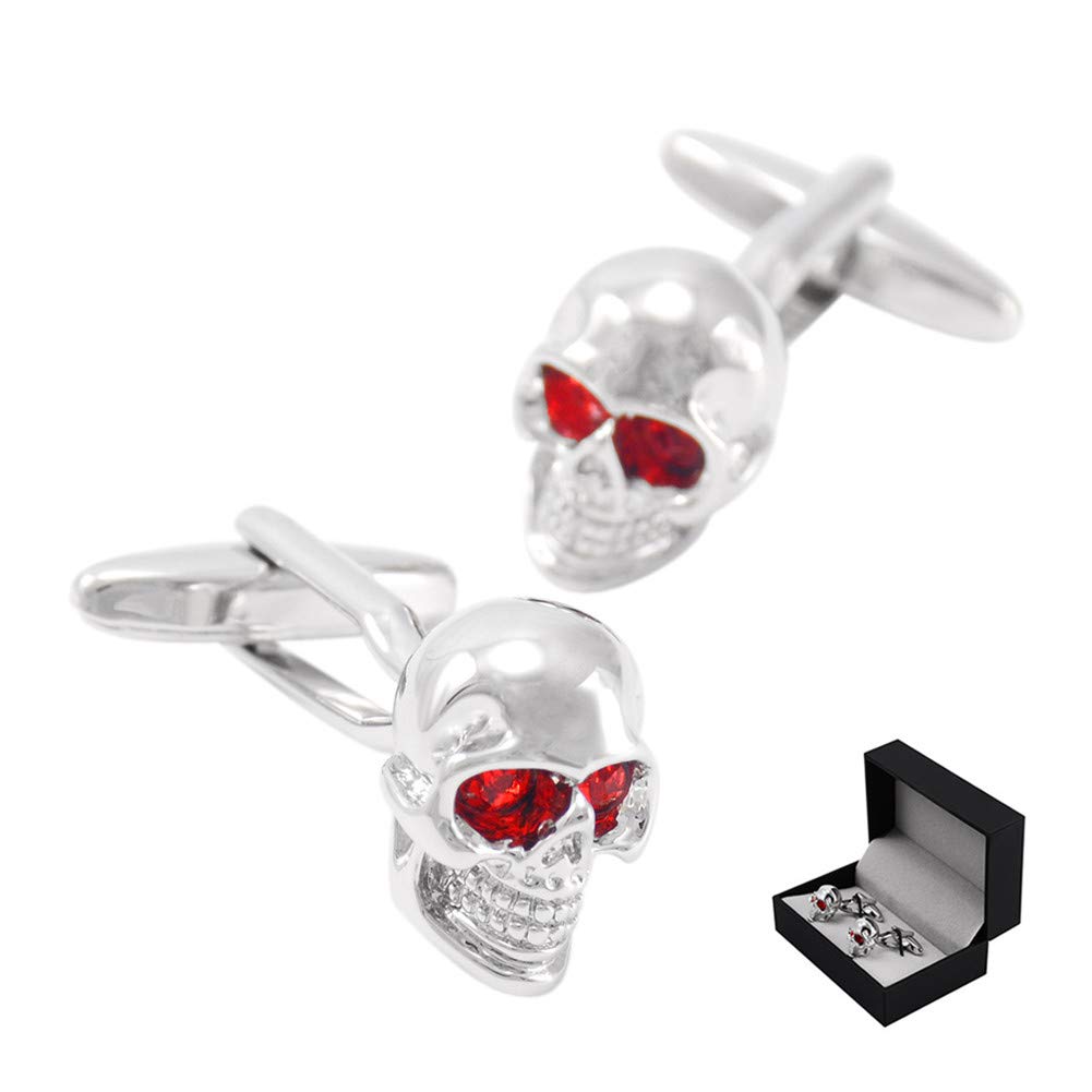 CWYPB Gemelos De Hombre, Camisa De Calavera De Personalidad Gemelos Uñas De Manga De Cristal Rojo Francés con Caja De Regalo para Regalos De Empresa De Boda De Traje