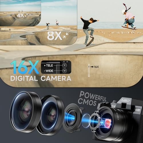 NBD 5K 64MP Digital Camera, Wi-Fi & App Control, 16X Zoom, Autofocus, Anti-Shake, 180° Flip Screen, Macro & Wide-Angle Lenses, Includes 64GB TF Card & 2 Batteries(Black) - Image 4