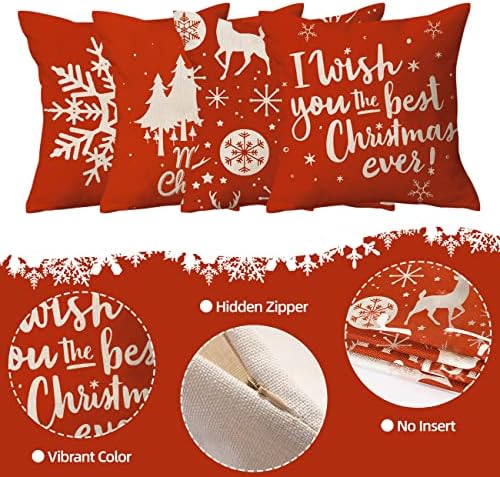 Christmas Cushion Covers Set of 4, Red Christmas Pillow Covers 45 x 45 cm with Zipper, Christmas Design Cushion Covers 45cm x 45cm Xmas Throw Pillow Cases for Bedroom Sofa Seat Indoor Decorations