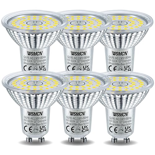 WSMCN GU10 LED Bulbs Dimmable 6W, Cool White 6000K 545LM, 75W Halogen Equivalent, 120° Beam Angle, Flicker-Free Spotlight, Pack of 6