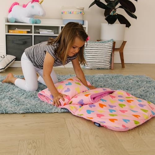 Image of Wildkin Kids Velour Nap Mat for Girls - Soft & Cozy Toddler Sleep Mat with Built-in Blanket for Daycare, Preschool, Kindergarten & Travel, Ages 3-7, Machine Washable - Pink Hearts