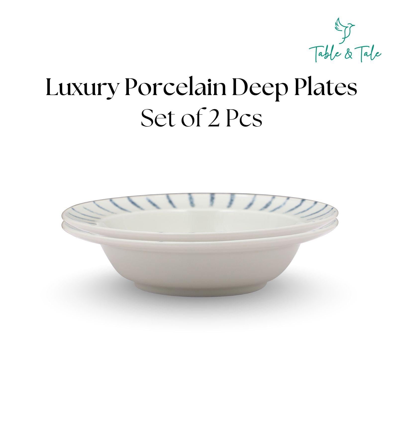 Table & Tale Premium Porcelain Deep Plate with Elegant Blue Pattern | Scratch & Chip Resistant | Made in Sri Lanka | Ideal for Soups, Pasta & Curries | Microwave & Dishwasher Safe |Set of 2 2