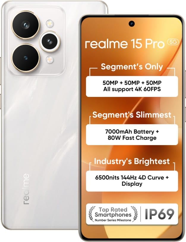 Image of realme 15 Pro 5G (Flowing Silver, 8GB RAM, 256GB Storage) | Snapdragon 7 Gen 4 | 6.8 inch 144Hz OLED Display | Triple 50MP Cameras | 7000mAh Battery | 80W Fast Charging | IP69