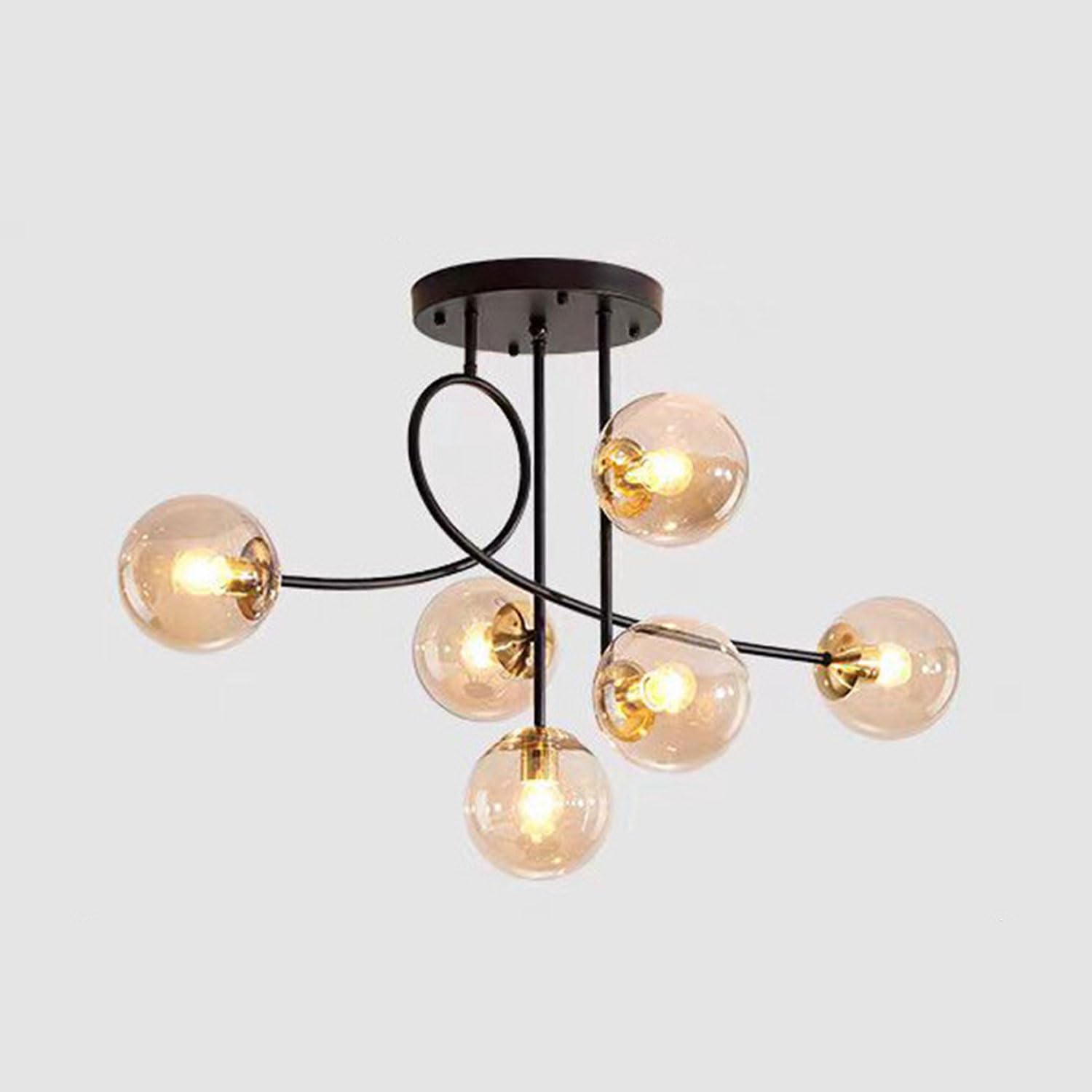 Moddeny 6 Lights Modern E27 Ceiling Chandelier, Vintage Metal Pendant Chandelier with Sphere Glass Lampshade for Bedroom Living Room Kitchen Loft 90cm Diameter(Black + Amber)