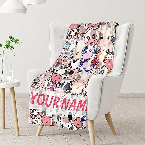 Personalized Cow Blanket Gifts with Name - 60"x80" Cute Throw for Women, Girls - Colorful Soft Fuzzy Blankets for Bed, Couch & Living Room