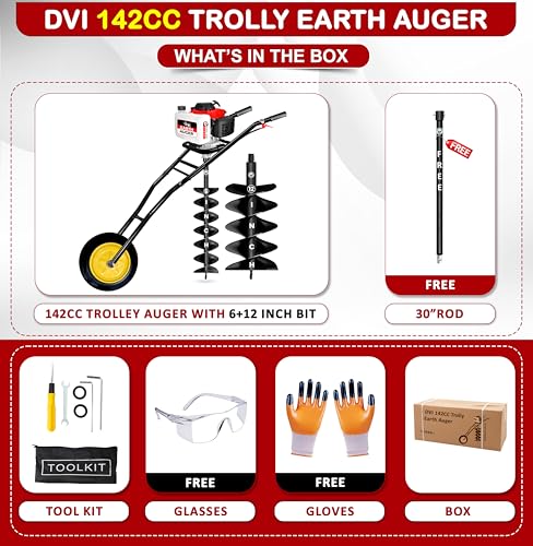Image of DVI 142CC Trolley Earth Auger Machine, 4-Stroke Petrol Engine - with 6 Inch + 12 Inch Double Spiral Planter Bits & Free Extension Rod | for Plantation, Fencing & Post Hole Digging in All Soil Types.