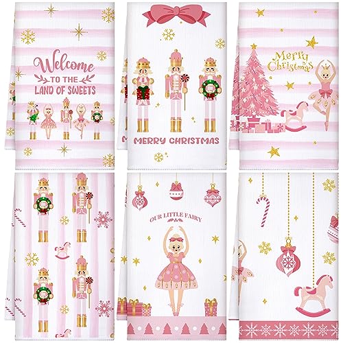 Mixweer 6 Pcs Pink Christmas Kitchen Towels Nutcracker Dish Towels Xmas Cute Hand Towel Farmhouse Cartoon Tea Towel Christmas Kitchen Decor for Winter Bathroom Gift,16 x 24 Inch