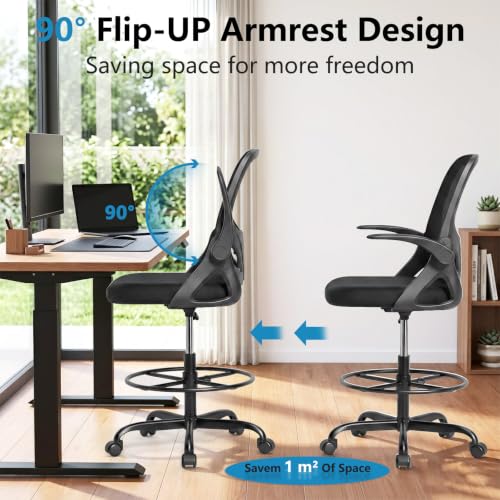Image of Kensaker Drafting Chair Tall Office Chair, Ergonomic Standing Desk Chair with Adjustable Foot Ring and Flip-up Armrests, Mesh Computer Chair for Art Studio, 300 LBS, Black