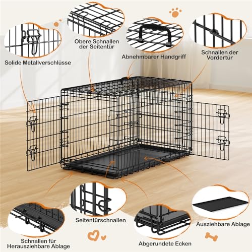 Yaheetech Hundekäfig 107 x 60 x 66 cm klappbar mit Trennwand, 2 Türen, Hundebox für zuhause mit ausziehbare Bodenschale, Transportkäfig Auto, Hundetransportbox Drahtkäfig für Hunde Welpe, XL, Schwarz