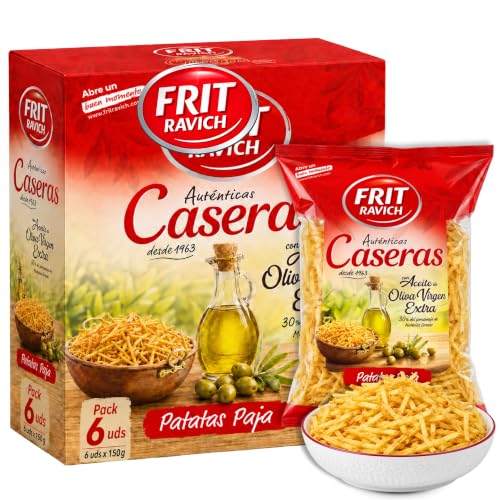 Patata Paja Caseras Frit Ravich, Papa paja originales, Elaboradas al estilo tradicional con aceite de oliva virgen, Sin Gluten, Producto Español, Contiene 6 Bolsas de 150 gr