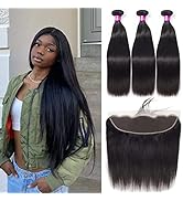 Taziza Straight Bundles with Frontal 9A Unprocessed Brazilian Virgin Human Hair(18 20 22+18,Free ...