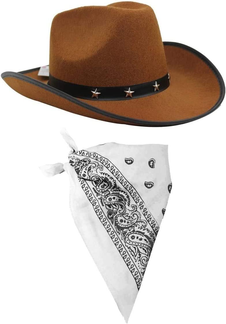 Adults Cowboy Accessory Set - Pack of 6 - Brown Star Studded Cowboy Hat and White Paisley Bandana - Wild West Western Sheriff Fancy Dress Costume Accessory Set