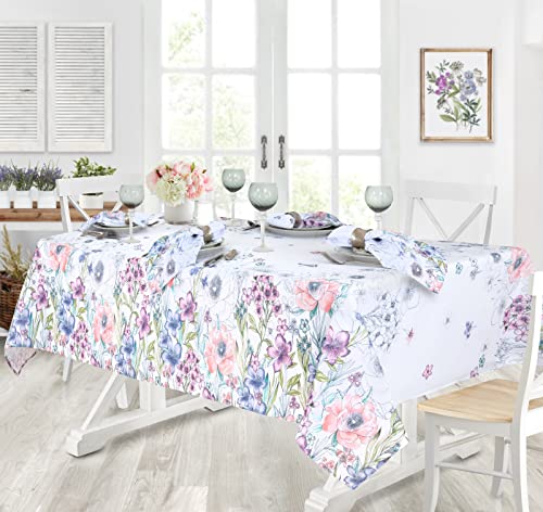 Newbridge Garden Breeze Rectangle Fabric Tablecloth, 60 x 84 Inch, Easy Care and Stain Resistant Fabric Table Cloth for Holiday Party Dining, Sweet Pastel Floral