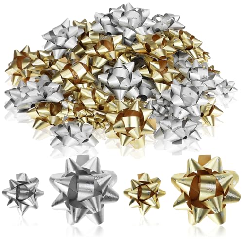 com-four® 100x Lazos Colores: Lazos Decorativos autoadhesivos en tamaños Grandes y pequeños con patrón de Copos de Nieve para Navidad (100 Piezas - Copos - Oro + Plata)