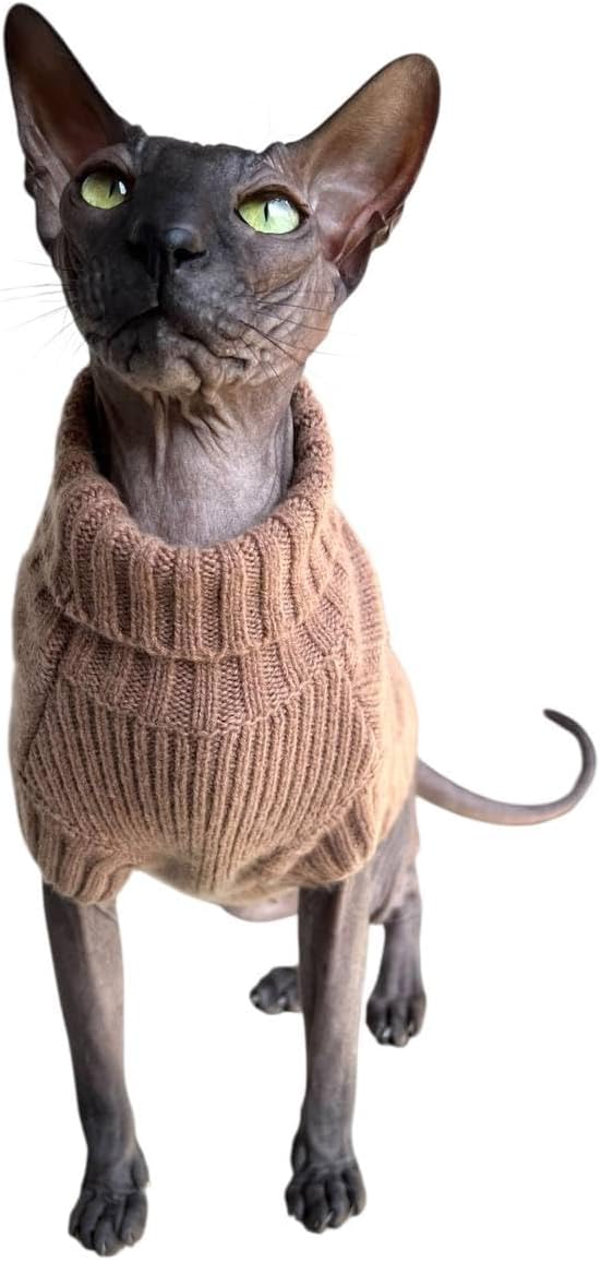 Cat's Turtleneck Mocha Mosse. 100% Cashmere for Sphynx and Naked Cats (Medium)