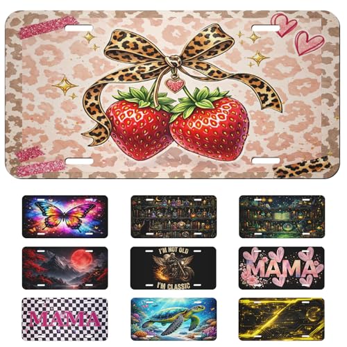 Leopard Front License Plate Strawberry Heart Kawaii Car Decorative License Plates Aluminum Metal Decor Accessory Novelty Vanity Tag Cover with 4 Holes for Men Women 6" X 12" by WSQSTJK - Used condition - US$8.46