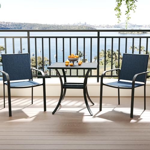 Image of Anmutig 3-Piece Outdoor Dining Set, Small Metal Bistro Table with 2 Stackable Sling Chairs, 27.5 x 27.5 Inch Square Table, Blue Fabric