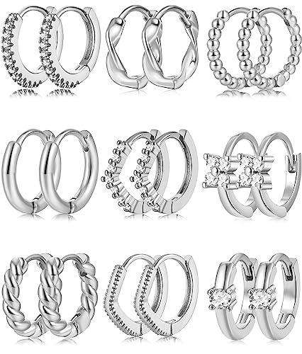 Gold Huggie Hoop Earrings Set - 9 Pairs Gold Plated Hoop Earrings Pack for Women, 14K Trendy Danity Small Earrings Jewelry (9 pairs silver design)