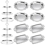 Patelai 10 Pcs Elegant Silver Serving Tray Set Vintage 3 Tiered Serving Tray Floral Engraved Metal Platters with Handles Victoria Stainless Steel Cupcake Display Stands for Wedding Birthday Buffet
