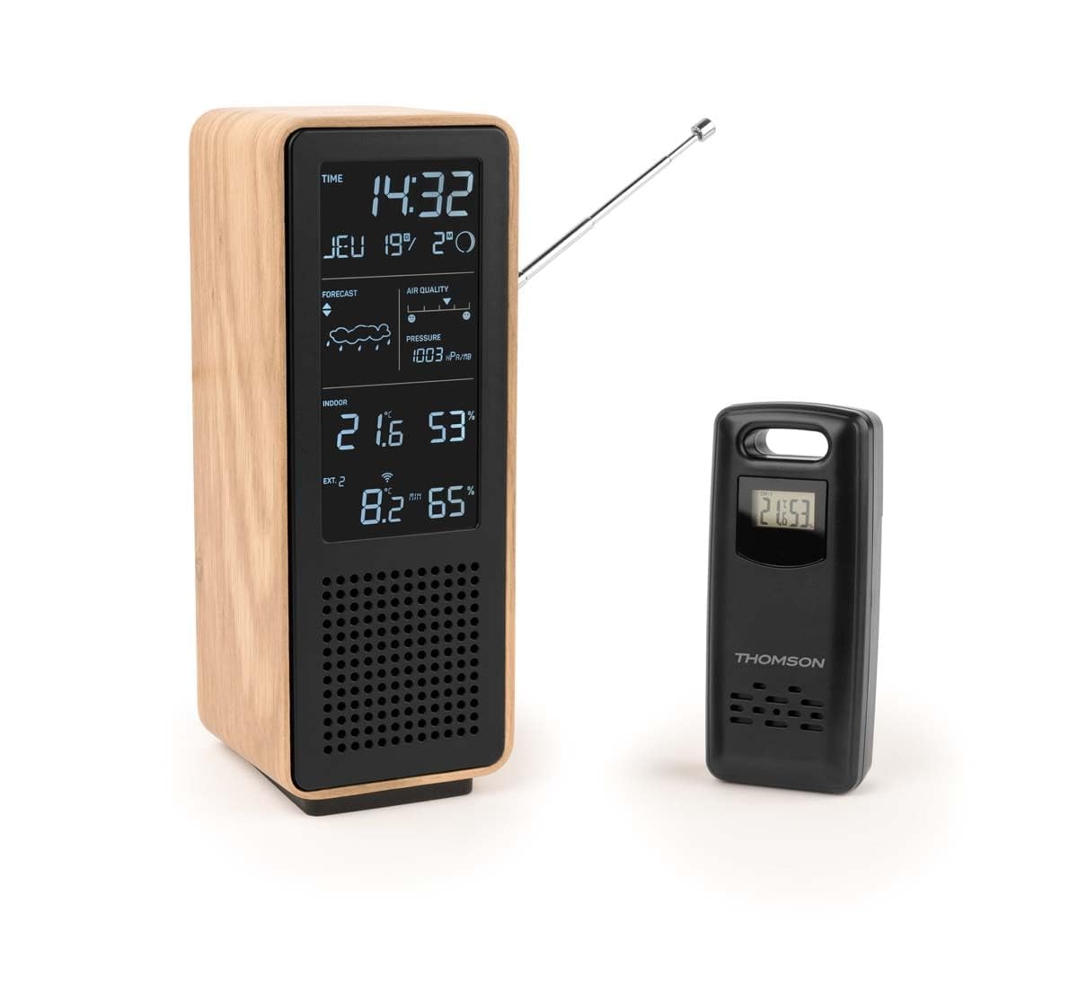THOMSON Bluetooth-Lautsprecher 5.3 und kabellose Wetterstation, UKW-Radio, Funkuhr, Innen-/Außenthermometer und -hygrometer, Luftqualität, Holzgehäuse - Schwarz - WS102TBK