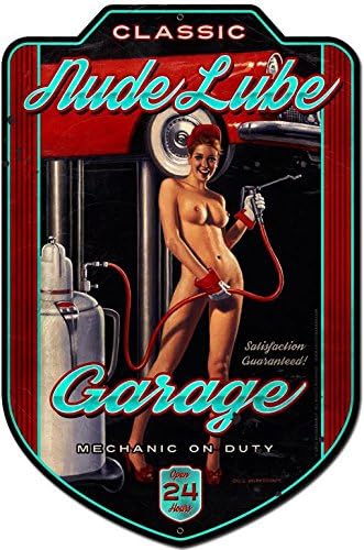 Classic Nude Lubricante cochera abierto 24HORAS mecánico de servicio pin-up Plasma corte Greg Hildebrandt Metal Sign