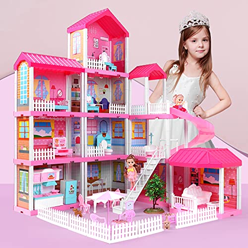 TEMI Doll House Play House with Doll Toy Figures, Furniture and Accessories, 4-Story 11 Rooms Toddler Dollhouse Gift for Kids Ages 3+, Playhouse Toys for 3 4 5 6 7 Year Old Girlsâ€¦