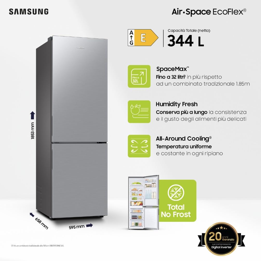 Samsung Frigorifero Combinato Ecoflex RB33B610ESA/EF, Libera installazione, SpaceMax, Total No Frost, All Around Cooling, Motore Digital Inverter, 344 L, LXAxP: 59,5 x 185 x 66 cm, Silver Inox